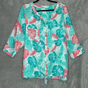 Coral Bay 1X Shirt Top Blue Floral  Leaves 3/4 Sleeve V Neck Button Up Linen
